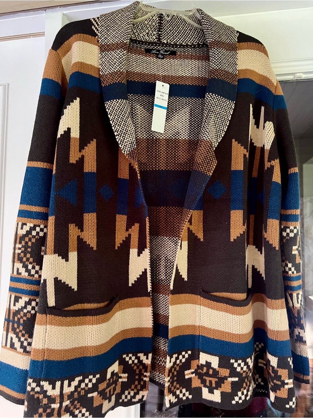 Anne French Open-Front Aztec Knit Cardigan Sweater - Brown/Blue/Tan